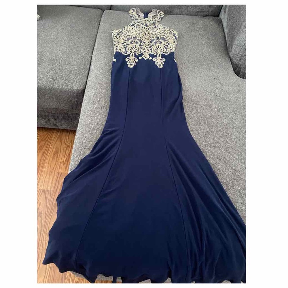 XSCAPE Floor Length Navy Evening Gown